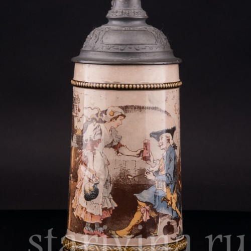 Старинная пивная кружка Охотники в таверне, 1/2 л, Villeroy & Boch, Германия, 1900 г.