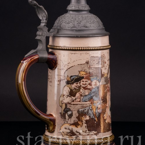 Старинная пивная кружка Охотники в таверне, 1/2 л, Villeroy & Boch, Германия, 1900 г.