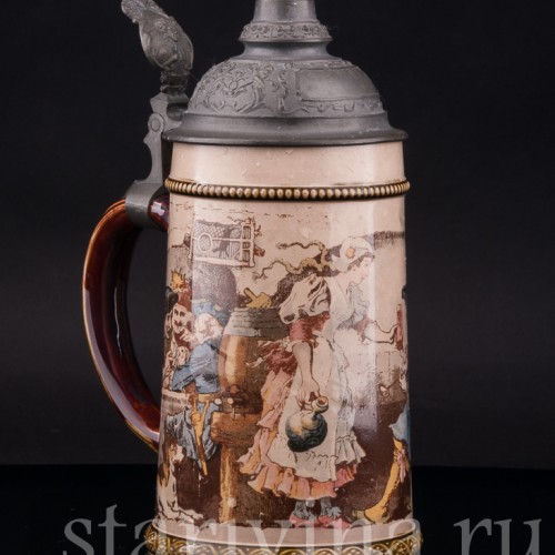 Старинная пивная кружка Охотники в таверне, 1/2 л, Villeroy & Boch, Германия, 1900 г.