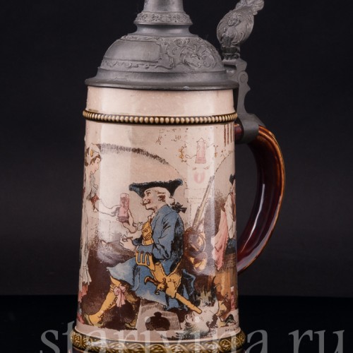 Старинная пивная кружка Охотники в таверне, 1/2 л, Villeroy & Boch, Германия, 1900 г.