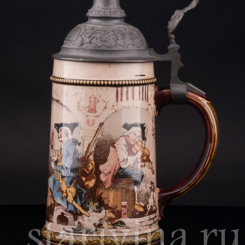 Старинная пивная кружка Охотники в таверне, 1/2 л, Villeroy & Boch, Германия, 1900 г.