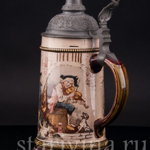 Старинная пивная кружка Охотники в таверне, 1/2 л, Villeroy & Boch, Германия, 1900 г.