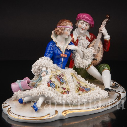 Фарфоровая фигурка Пара с мандолиной, кружевная, Muller & Co, Германия, пер. пол. 20 в.