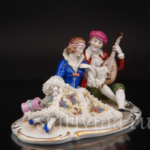Фарфоровая фигурка Пара с мандолиной, кружевная, Muller & Co, Германия, пер. пол. 20 в.