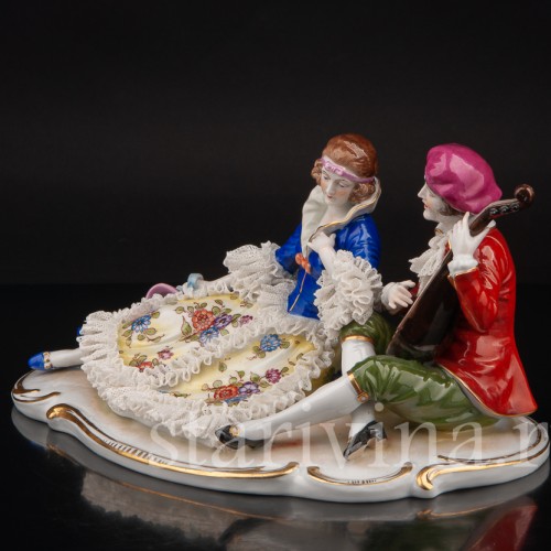 Фарфоровая фигурка Пара с мандолиной, кружевная, Muller & Co, Германия, пер. пол. 20 в.