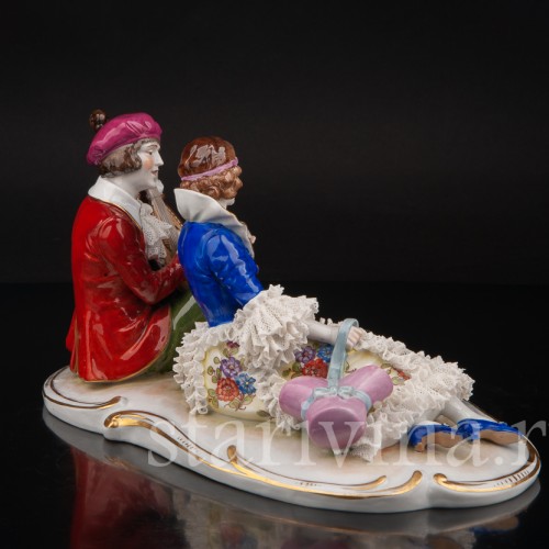 Фарфоровая фигурка Пара с мандолиной, кружевная, Muller & Co, Германия, пер. пол. 20 в.