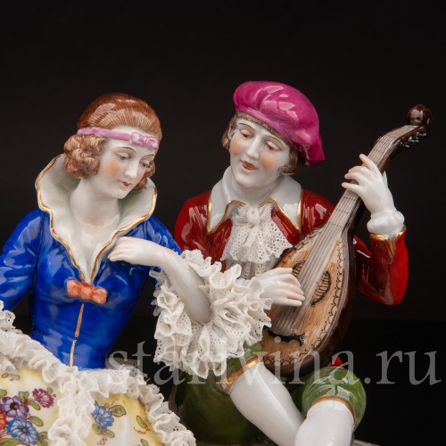 Фарфоровая фигурка Пара с мандолиной, кружевная, Muller & Co, Германия, пер. пол. 20 в.