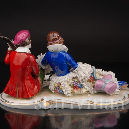 Фарфоровая фигурка Пара с мандолиной, кружевная, Muller & Co, Германия, пер. пол. 20 в.