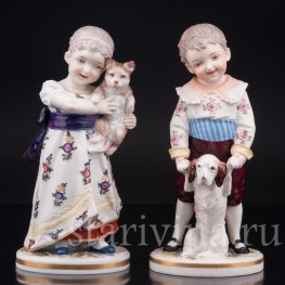 Парные фарфоровые статуэтки Девочка c кошкой и мальчик с собакой, Richard Eckert & Co, Германия, 1906-1908 гг.