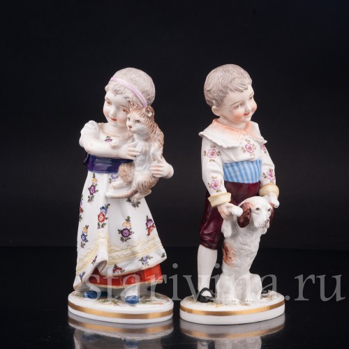 Парные фарфоровые статуэтки Девочка c кошкой и мальчик с собакой, Richard Eckert & Co, Германия, 1906-1908 гг.