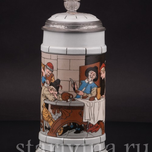 Старинная пивная кружка Шутники, 1 л, Villeroy & Boch, Германия, 1903 г.