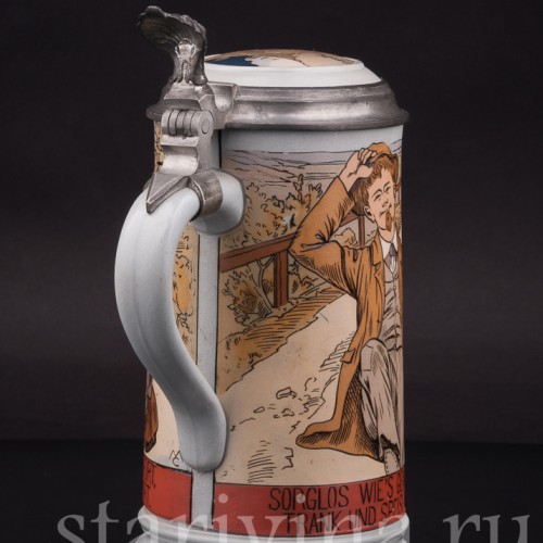 Старинная пивная кружка Три друга, 1 л, Villeroy & Boch, Германия, 1904 г.