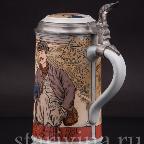 Старинная пивная кружка Три друга, 1 л, Villeroy & Boch, Германия, 1904 г.