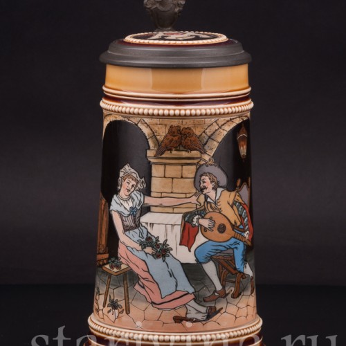 Старинная пивная кружка Любовная сцена в таверне, 1/2 л, Villeroy & Boch, Германия, 1903 г.