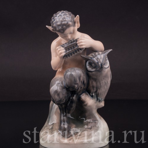 Фарфоровая статуэтка Фавн со свирелью и совой, Royal Copenhagen, Дания, 1960 гг.
