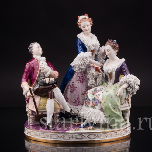 Композиция из фарфора Неожиданный визит, кружевная, Volkstedt, Германия, нач. 20 в.