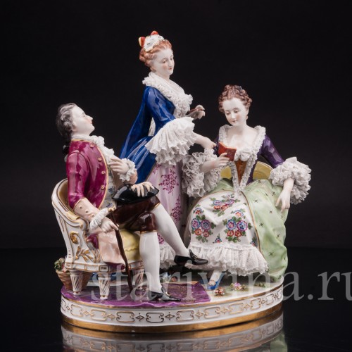 Композиция из фарфора Неожиданный визит, кружевная, Volkstedt, Германия, нач. 20 в.