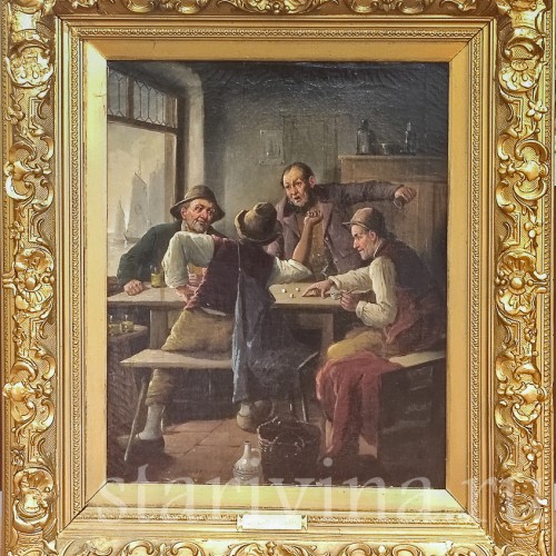 Картина маслом на холсте Мужчины, играющие в кости, Германия, кон. 19 - нач. 20 вв.