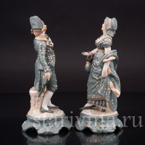 Парные фарфоровые статуэтки Галантная пара в зелёных костюмах, Volkstedt, Германия, кон. 19 в.