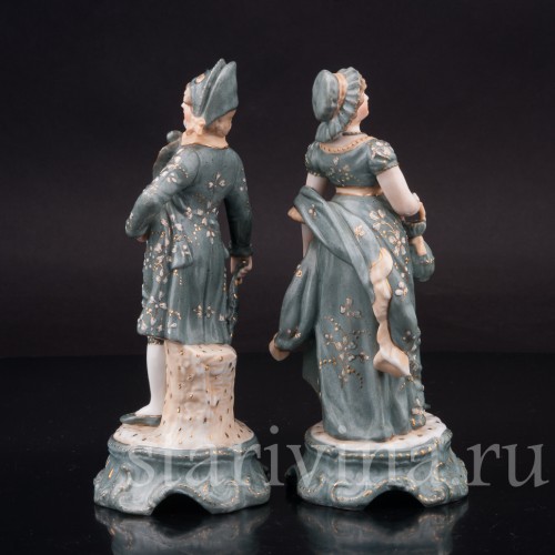 Парные фарфоровые статуэтки Галантная пара в зелёных костюмах, Volkstedt, Германия, кон. 19 в.