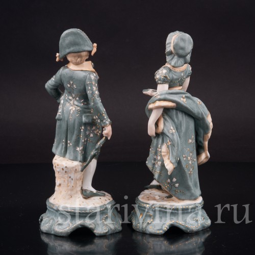 Парные фарфоровые статуэтки Галантная пара в зелёных костюмах, Volkstedt, Германия, кон. 19 в.