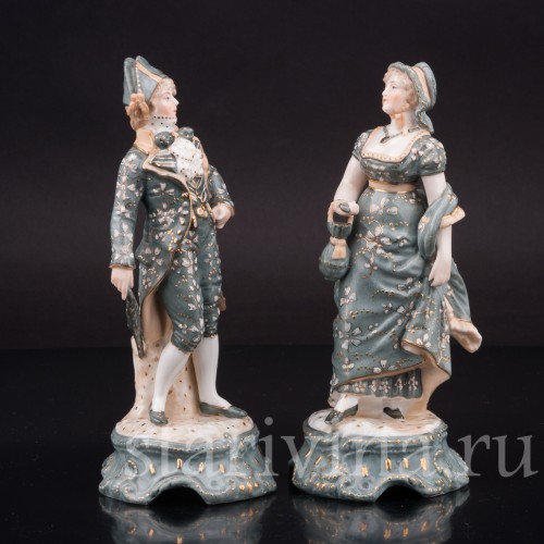 Парные фарфоровые статуэтки Галантная пара в зелёных костюмах, Volkstedt, Германия, кон. 19 в.