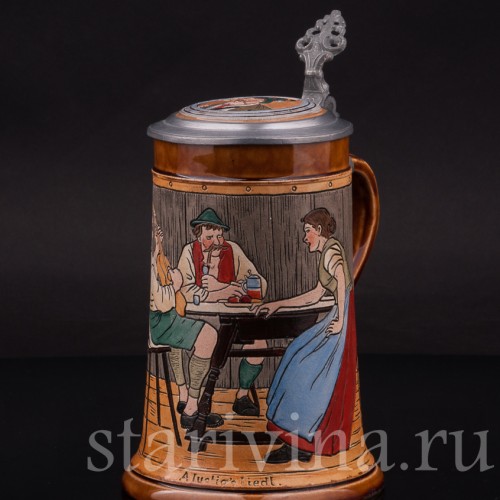 Старинная пивная кружка Весёлая песня, 1/2 л, J. W. Remy, Германия, 1890-1915 гг.