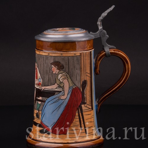 Старинная пивная кружка Весёлая песня, 1/2 л, J. W. Remy, Германия, 1890-1915 гг.