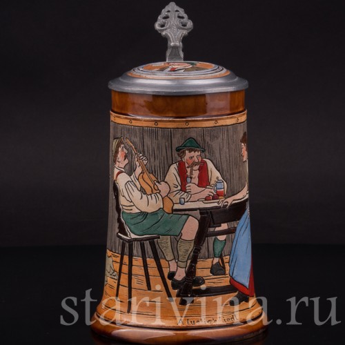 Старинная пивная кружка Весёлая песня, 1/2 л, J. W. Remy, Германия, 1890-1915 гг.