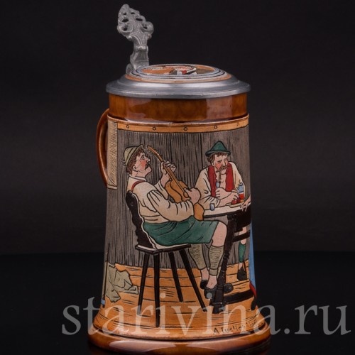 Старинная пивная кружка Весёлая песня, 1/2 л, J. W. Remy, Германия, 1890-1915 гг.