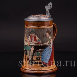 Старинная пивная кружка Весёлая песня, 1/2 л, J. W. Remy, Германия, 1890-1915 гг.