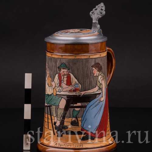 Старинная пивная кружка Весёлая песня, 1/2 л, J. W. Remy, Германия, 1890-1915 гг.