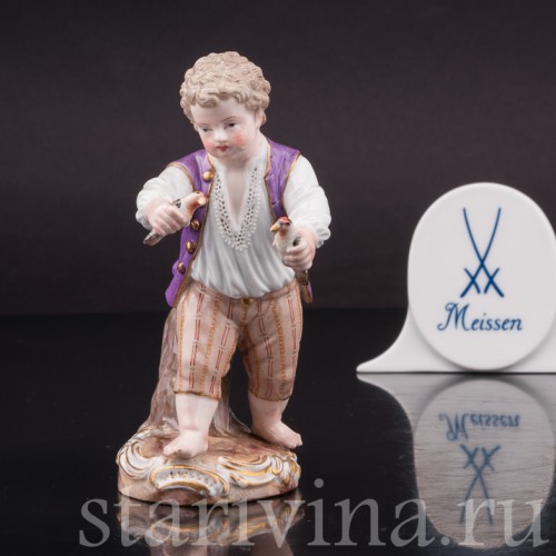 Фарфоровая статуэтка Мальчик с двумя птицами, Meissen, Германия, сер. 19 в.