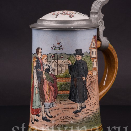 Старинная пивная кружка Встреча на дороге, 1/2 л, Hauber & Reuther, Германия, 1876 - 1910 гг.