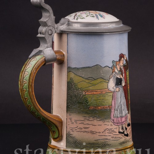 Старинная пивная кружка Встреча на дороге, 1/2 л, Hauber & Reuther, Германия, 1876 - 1910 гг.