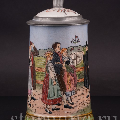 Старинная пивная кружка Встреча на дороге, 1/2 л, Hauber & Reuther, Германия, 1876 - 1910 гг.