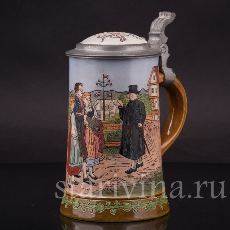 Старинная пивная кружка Встреча на дороге, 1/2 л, Hauber & Reuther, Германия, 1876 - 1910 гг.