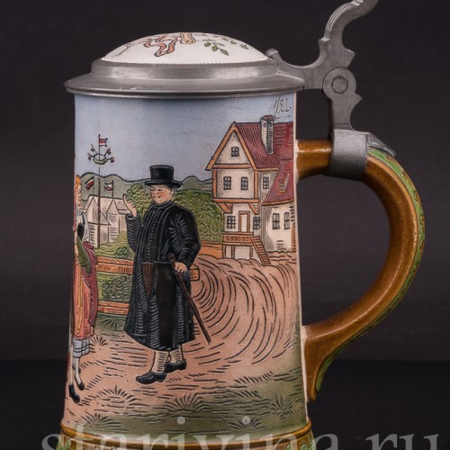 Старинная пивная кружка Встреча на дороге, 1/2 л, Hauber & Reuther, Германия, 1876 - 1910 гг.