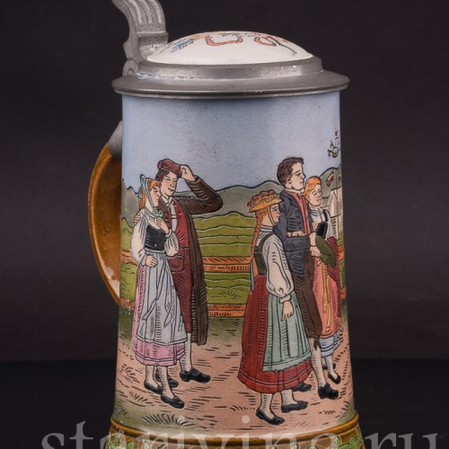 Старинная пивная кружка Встреча на дороге, 1/2 л, Hauber & Reuther, Германия, 1876 - 1910 гг.