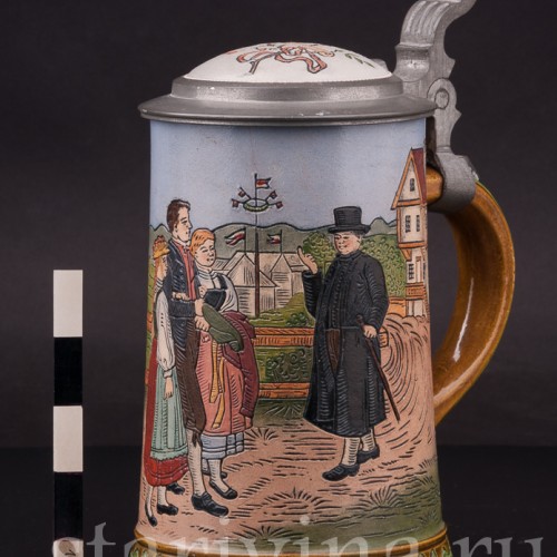 Старинная пивная кружка Встреча на дороге, 1/2 л, Hauber & Reuther, Германия, 1876 - 1910 гг.