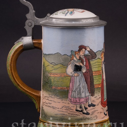 Старинная пивная кружка Встреча на дороге, 1/2 л, Hauber & Reuther, Германия, 1876 - 1910 гг.