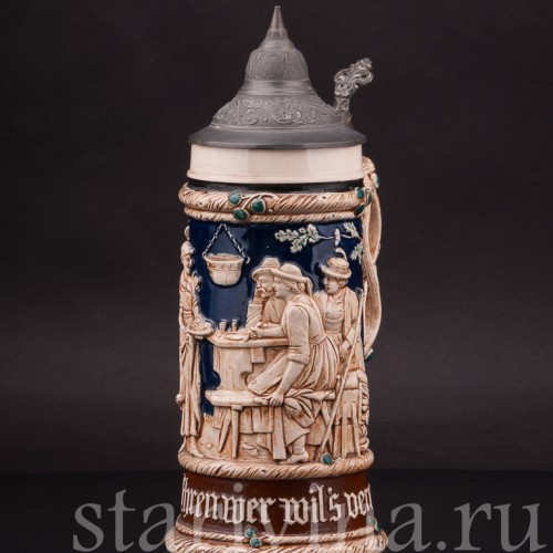 Старинная пивная кружка Привал путников, 1/2 л, J. W. Remy, Германия, кон. 19 - нач. 20 вв.