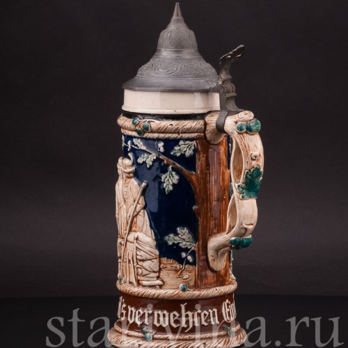 Старинная пивная кружка Привал путников, 1/2 л, J. W. Remy, Германия, кон. 19 - нач. 20 вв.