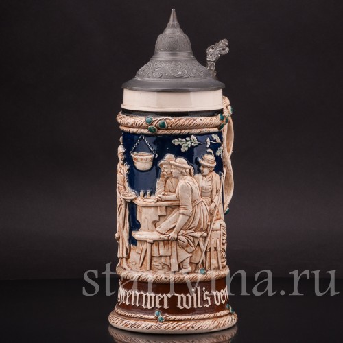 Старинная пивная кружка Привал путников, 1/2 л, J. W. Remy, Германия, кон. 19 - нач. 20 вв.