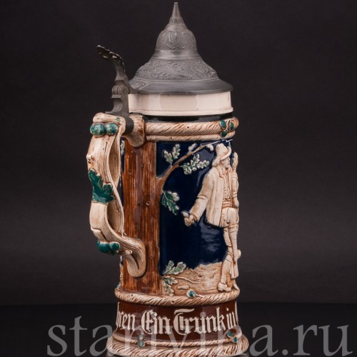 Старинная пивная кружка Привал путников, 1/2 л, J. W. Remy, Германия, кон. 19 - нач. 20 вв.