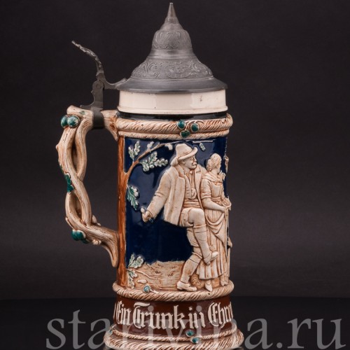 Старинная пивная кружка Привал путников, 1/2 л, J. W. Remy, Германия, кон. 19 - нач. 20 вв.