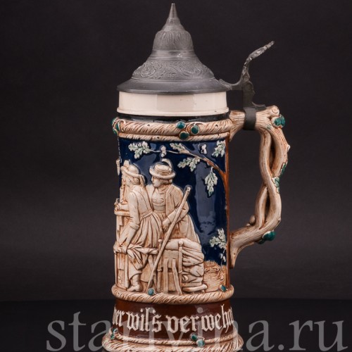 Старинная пивная кружка Привал путников, 1/2 л, J. W. Remy, Германия, кон. 19 - нач. 20 вв.