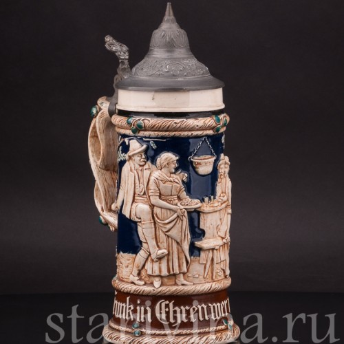 Старинная пивная кружка Привал путников, 1/2 л, J. W. Remy, Германия, кон. 19 - нач. 20 вв.