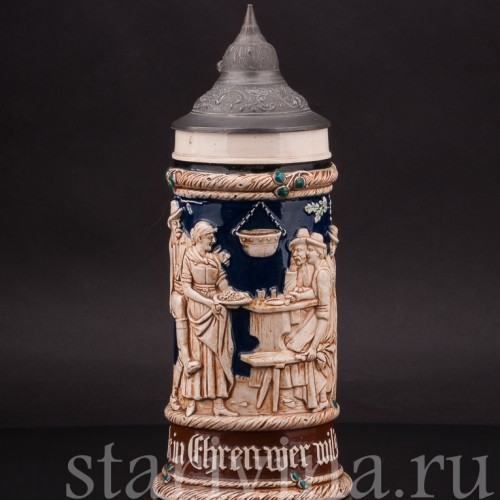 Старинная пивная кружка Привал путников, 1/2 л, J. W. Remy, Германия, кон. 19 - нач. 20 вв.