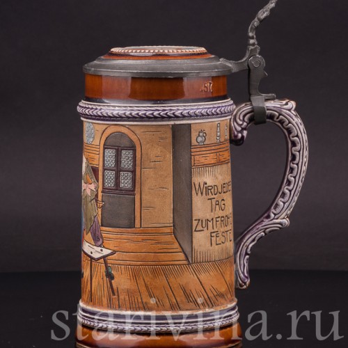 Уцененная пивная кружка Флиртующая пара, 1/2 л, J. W. Remy, Германия, 1890 - 1905 гг.